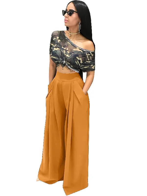 Loose Straight Flare Casual Pocket High Waist Solid Wide Leg Fashion Comfy Pants