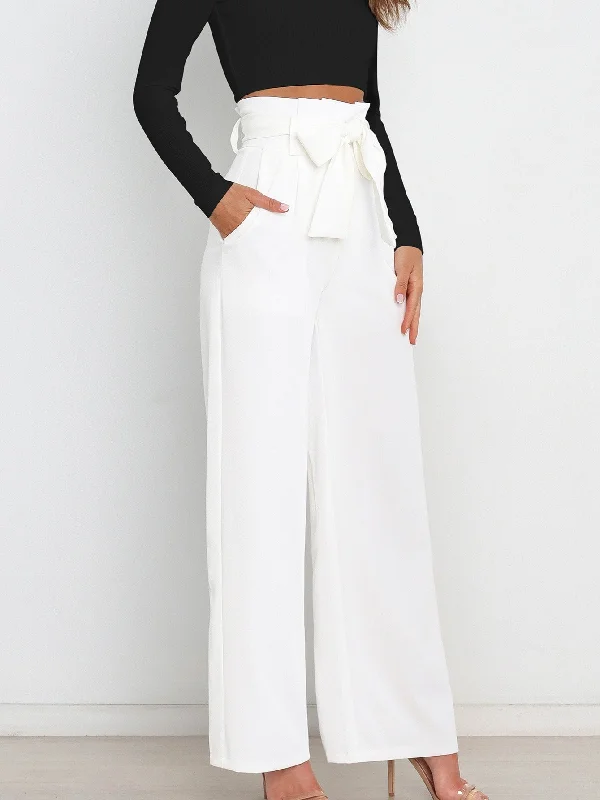 Casual Solid Pocket Long Length Fashion Loose Straight Wide Leg Pants