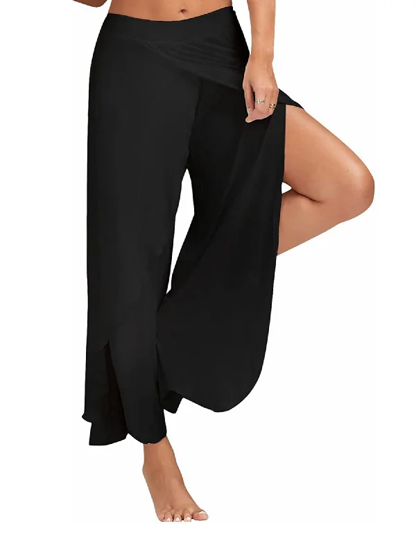 Solid Casual High Slit Flowy Layered Fashion Loose Wide Leg Pants