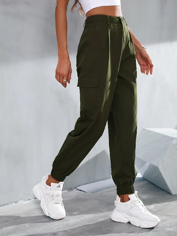 Khaki Long Slant Pockets Belted Pants