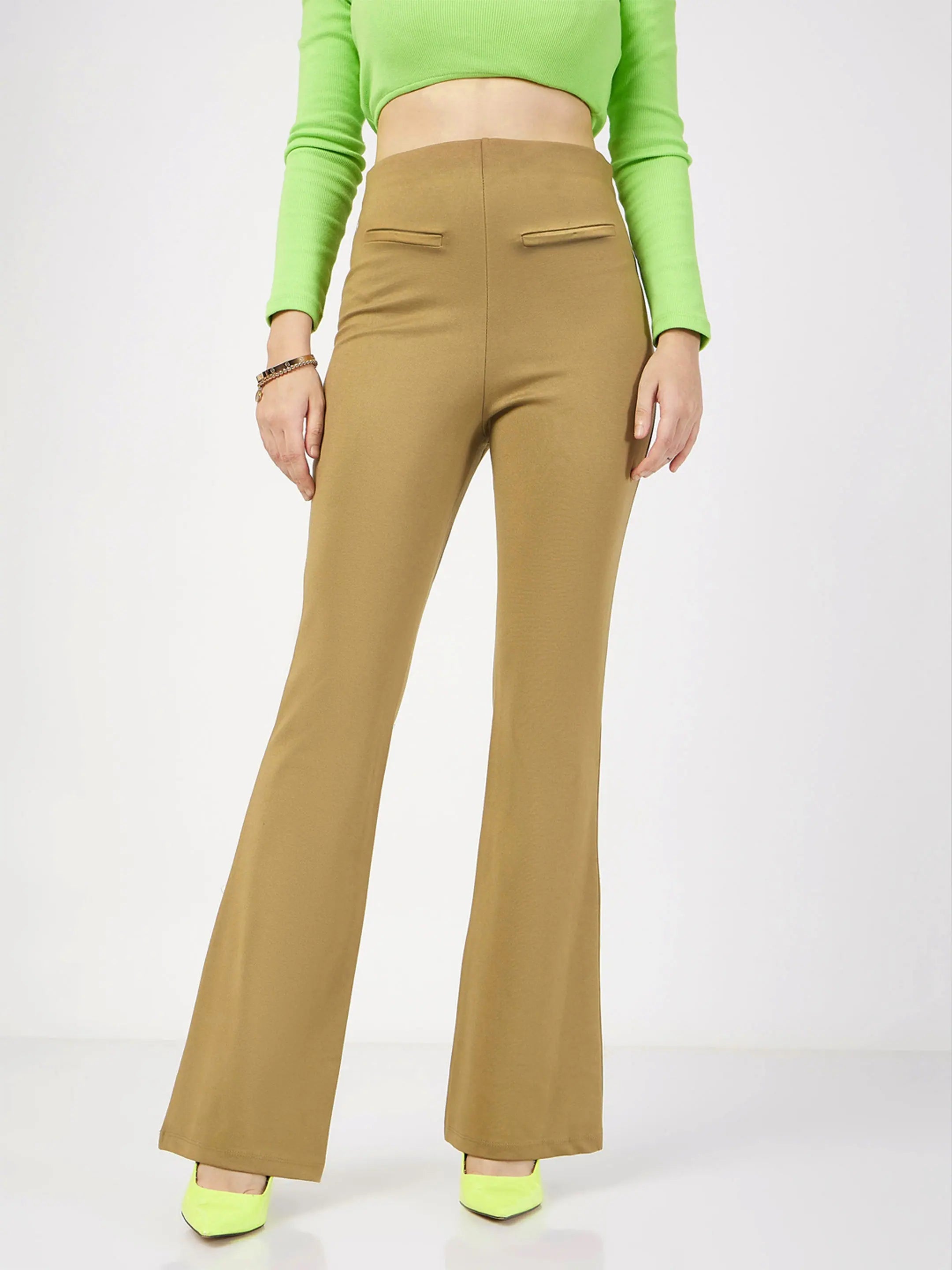 Women Beige Bone Pocket Bell Bottom Pants