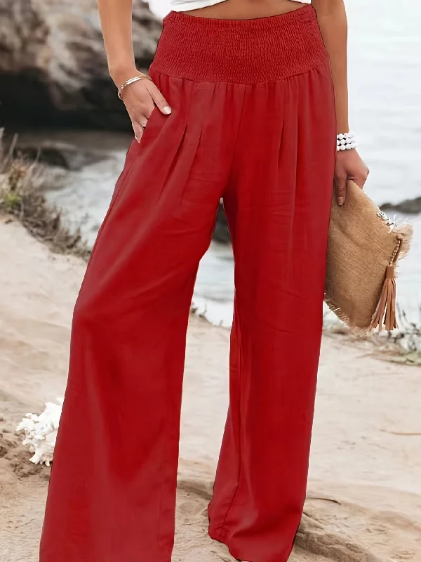 Women's Solid Wide Leg Elastic High Waist Vacation Casual Every Day Pants