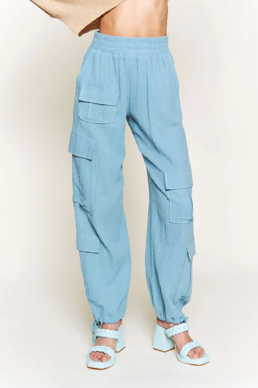 DUSTY BLUE LINEN WIDE LEG CARGO PANTS P9334