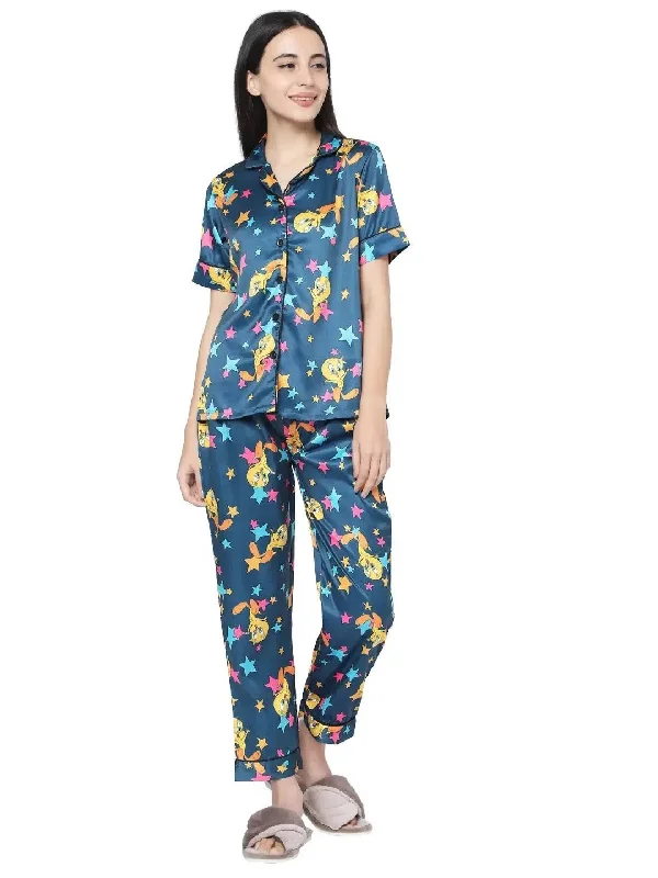 Smarty Pants Women's Silk Satin Teal Blue Tweety Print Night Suit