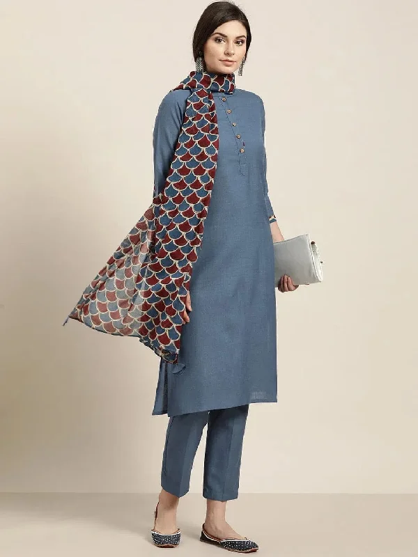 Blue Kurta Set With Pants and Blue Printed Dupatta