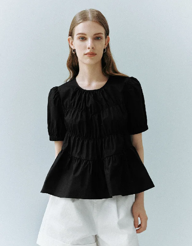 Crew Neck Loose Blouse Bell Sleeve Blouse