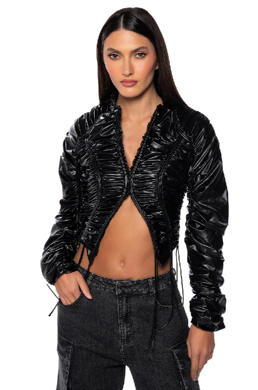 INTO THE MATRIX FAUX LEATHER RUCHED BLOUSE Classic Minimalist Blouse