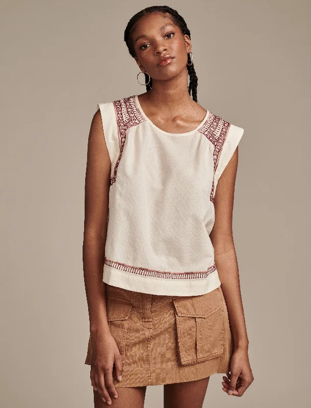 Lucky Brand Women's Embroidered High Low Sleeveless Blouse Ruched Sleeve Blouse