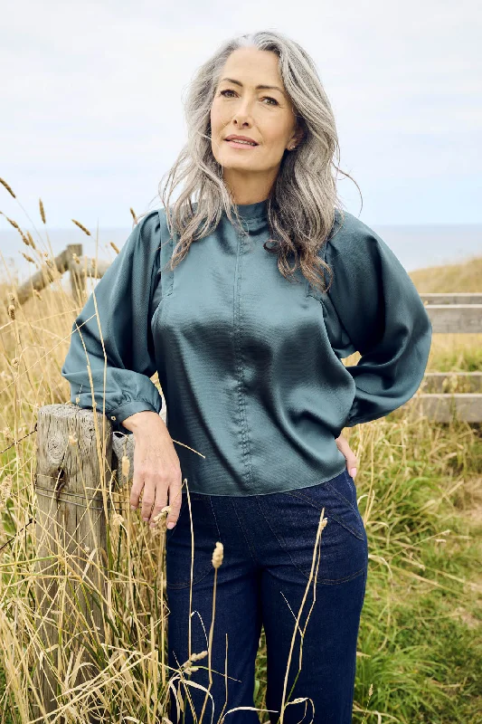 Moonshine Blouse Teal in Satin Viscose Silky Tunic Blouse