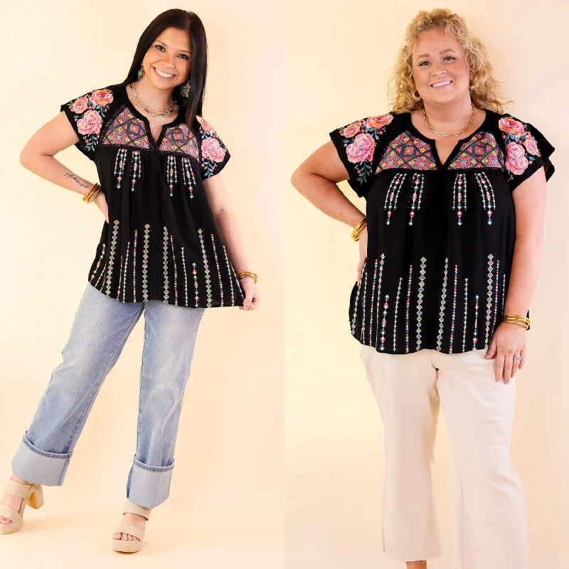 On A Journey Floral Embroidered V Notched Blouse in Black Lightweight Linen Blouse