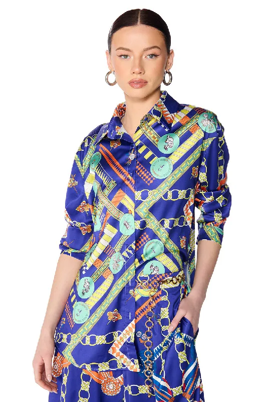 PARISIAN PRINT SATIN BUTTON DOWN BLOUSE Drape Neck Blouse