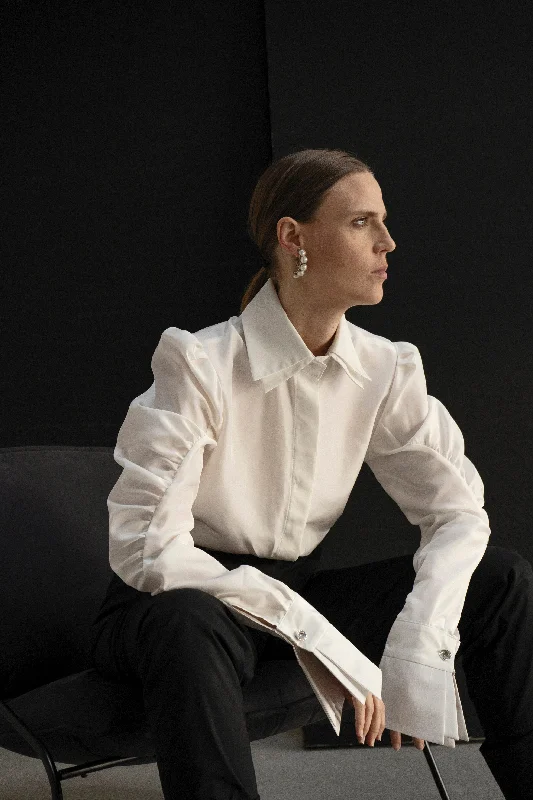 Pure Silk White Cuffs Blouse Asymmetric Hem Blouse