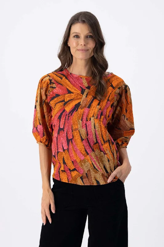 Vivant Blouse Orange in Seersucker Ruched Sleeve Blouse