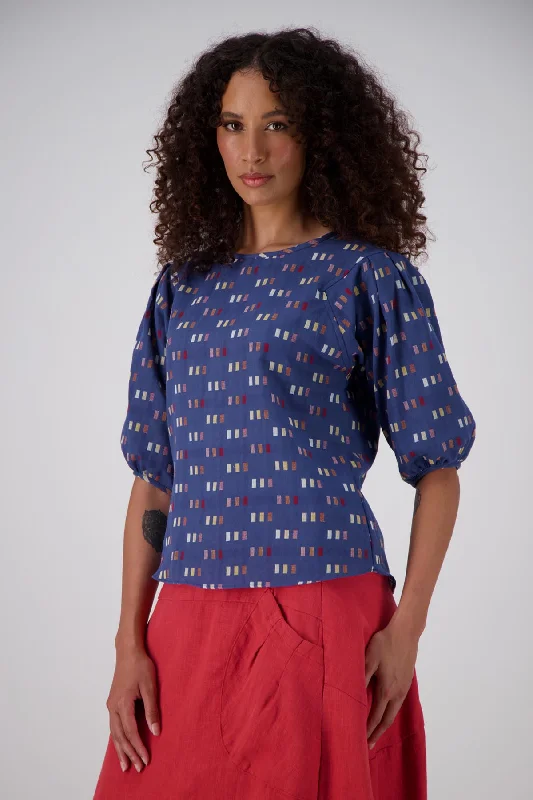 Telegraph Blouse Blue in Woven Cotton Pleated Collar Blouse