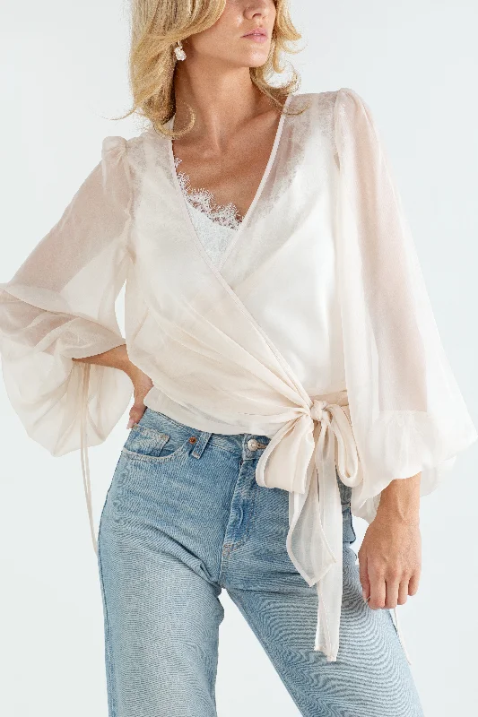 "The Jenny" - Sheer Wrap Blouse (Champagne) Side Tie Blouse