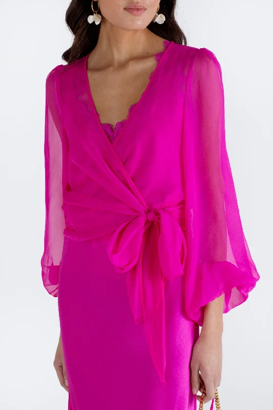 "The Jenny" - Sheer Wrap Blouse (Hot Pink) Elegant Lace Blouse
