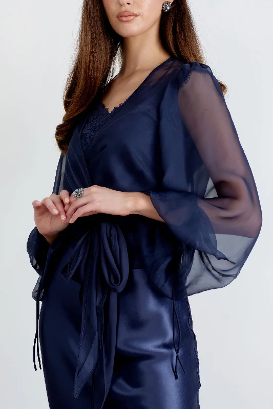 "The Jenny" - Sheer Wrap Blouse (Navy) Smart Business Blouse
