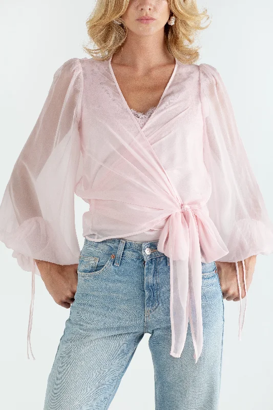 "The Jenny" - Sheer Wrap Blouse (Pink) Off-Shoulder Wrap Blouse