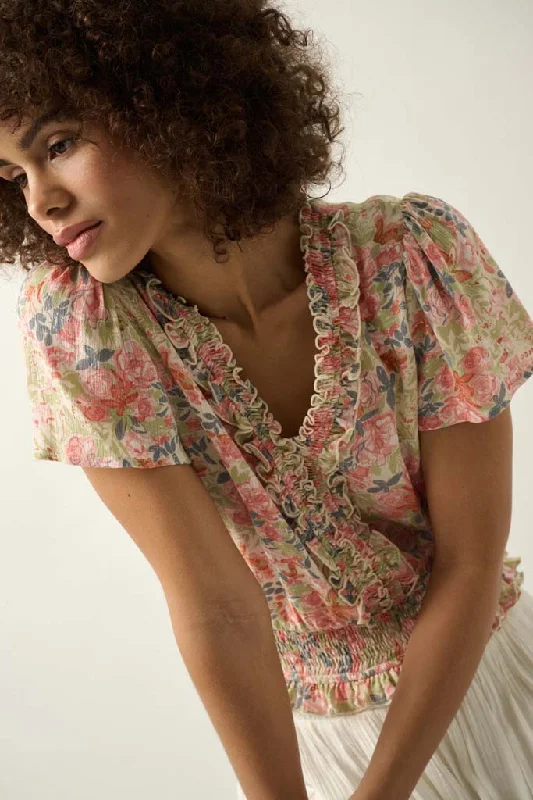 Watercolor Daydream Ruffled Floral Crepe Blouse Soft Knit Blouse