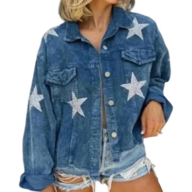 Corduroy Jacket With Sequin Stars In Blue Collared Crew Neck Turtle Neck