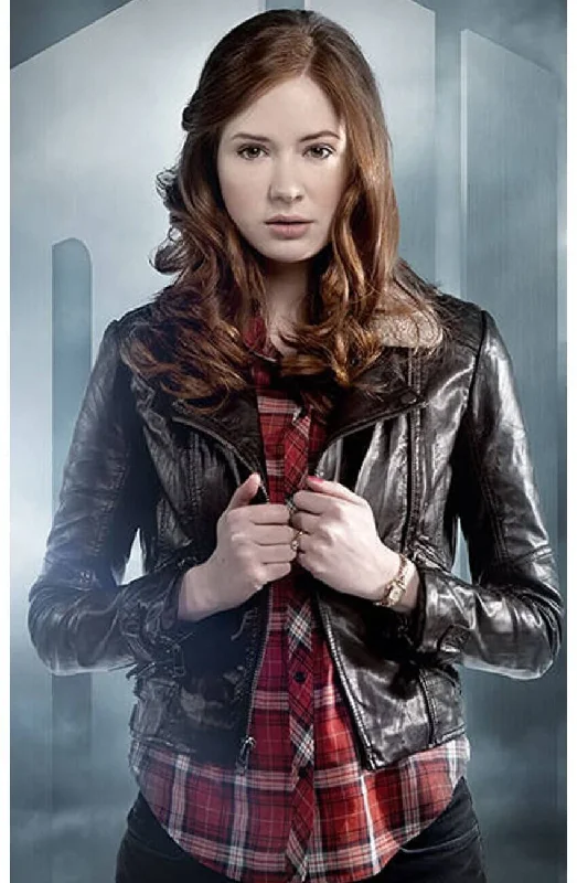 Doctor Who Amy Pond Brown Leather Jacket Mesh Fabric Canvas Fabric Denim Fabric