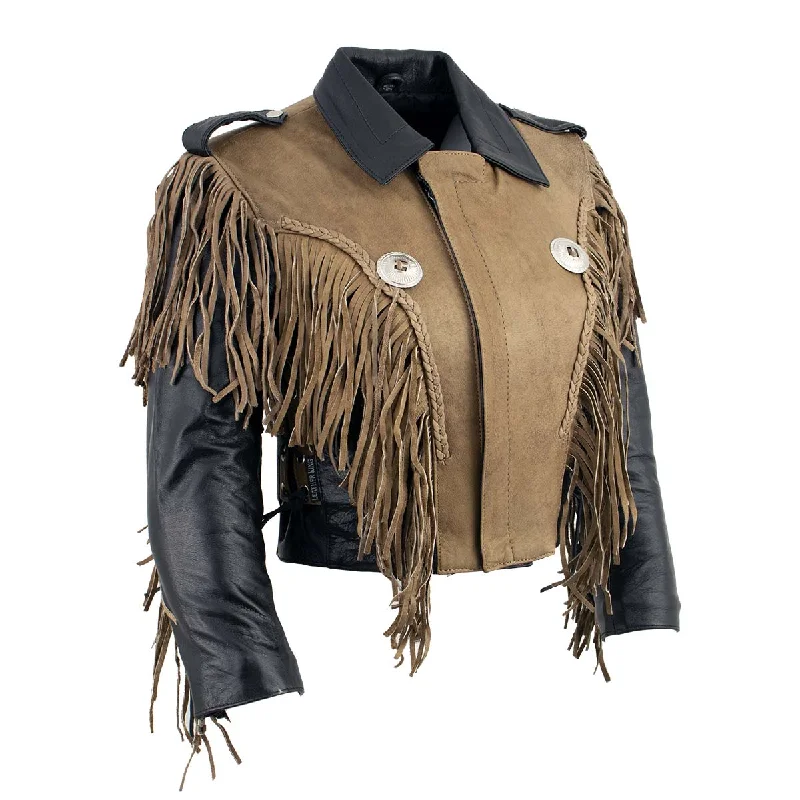 Leather King SH2015 Ladies ‘Fringed’ Cropped Two Tone Jacket with Notch Collar Peter Pan Collar Cowl Neck Leather King SH2015 Ladies ‘Fringed’ Cropped Two Tone Jacket with Notch Collar Peter Pan Collar Cowl Neck