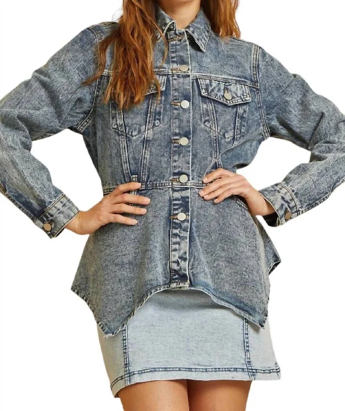 Long Sleeve Denim Jacket In Denim Wash Ribbed Striped Patterned