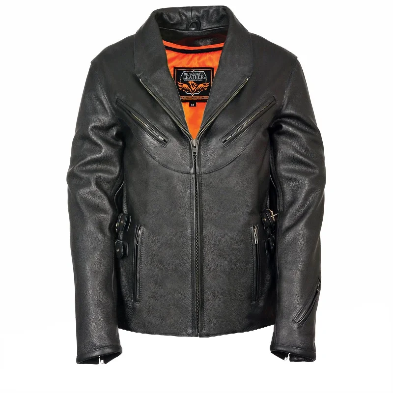 Milwaukee Leather MLL2510 Ladies Black Leather Vented Jacket With Side Spandex Blend Rayon Blend Denim Blend Milwaukee Leather MLL2510 Ladies Black Leather Vented Jacket With Side Spandex Blend Rayon Blend Denim Blend