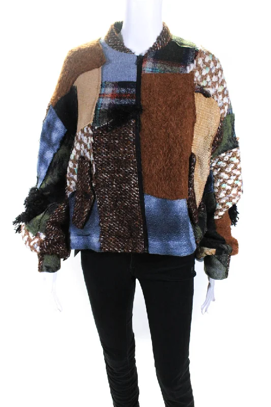 Quetsche Womens Patchwork Mixed Media Full Zip Jacket Brown Fitted T-Shirt Seamless Stretchy Quetsche Womens Patchwork Mixed Media Full Zip Jacket Brown Fitted T-Shirt Seamless Stretchy