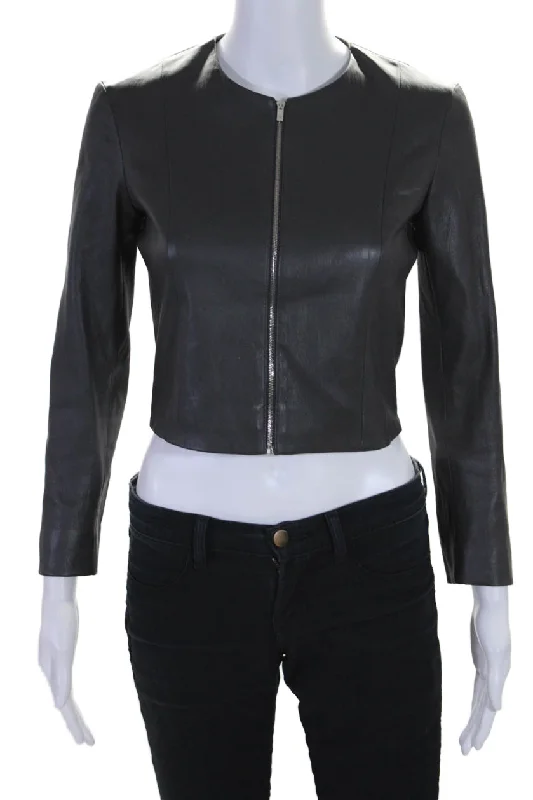 The Row Womens Leather Round Neck Darted Long Sleeve Zipped Jacket Gray Fleece Nylon Spandex The Row Womens Leather Round Neck Darted Long Sleeve Zipped Jacket Gray Fleece Nylon Spandex