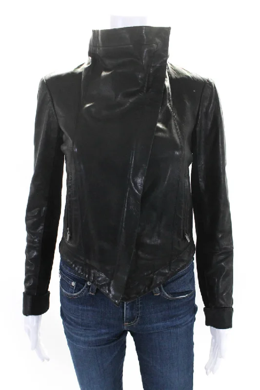 Veda Womens Leather Ribbed Knit Trim Asymmetric Zip Jacket Black Silk Blend Satin Velvet Veda Womens Leather Ribbed Knit Trim Asymmetric Zip Jacket Black Silk Blend Satin Velvet