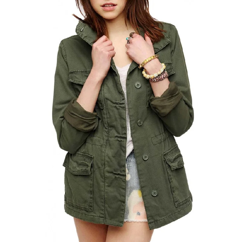 Women Military Green Cotton Jacket Silk Blend Satin Velvet