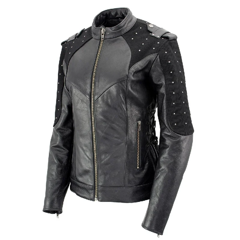 Xelement Women's Scuba Black Leather Motorcycle Biker Jacket with Elegant Classic Vintage Xelement Women's Scuba Black Leather Motorcycle Biker Jacket with Elegant Classic Vintage