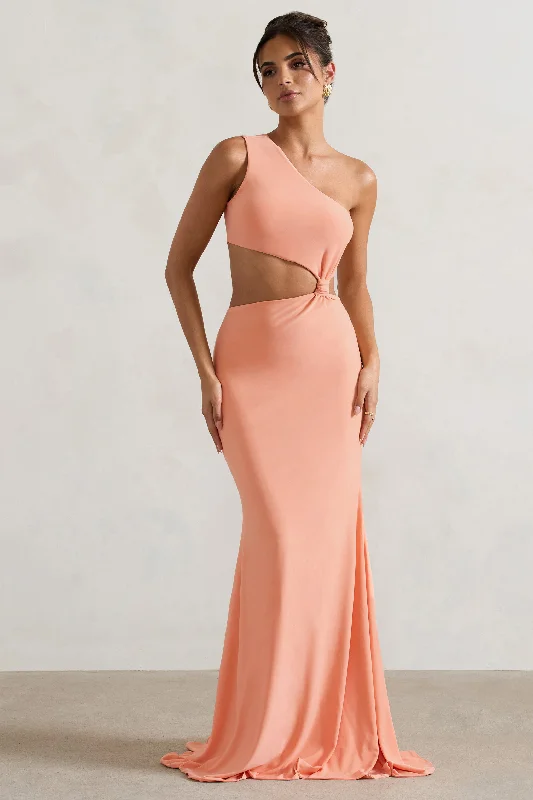 Aspyn | Coral Asymmetric Twisted Cut-Out Fishtail Maxi Dress Stylish A-Line Maxi Dress Aspyn | Coral Asymmetric Twisted Cut-Out Fishtail Maxi Dress Stylish A-Line Maxi Dress