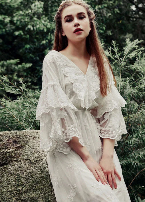 Boutique White V Neck Embroideried Ruffles Lace Maxi Dress Flare Sleeve Fashionable Off-Shoulder Maxi Dress Boutique White V Neck Embroideried Ruffles Lace Maxi Dress Flare Sleeve Fashionable Off-Shoulder Maxi Dress