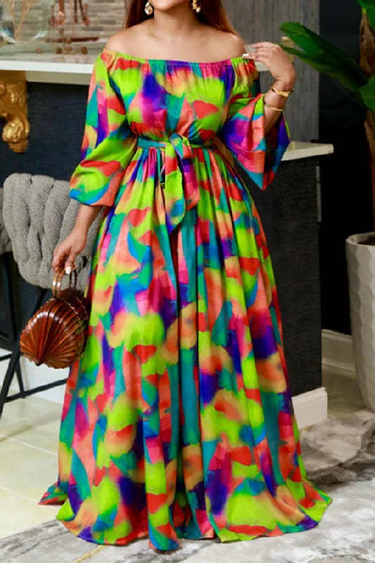 Colorful Abstract Print Off Shoulder Belted Maxi Dress Comfortable Fit-and-Flare Maxi Dress Colorful Abstract Print Off Shoulder Belted Maxi Dress Comfortable Fit-and-Flare Maxi Dress
