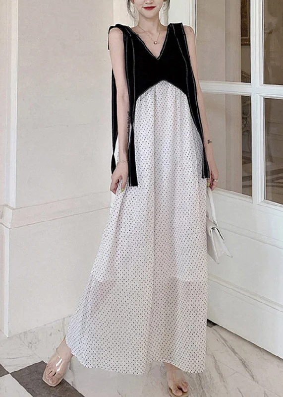DIY Black White V Neck Patchwork Dot Maxi Dresses Summer Stylish Button-Up Maxi Dress DIY Black White V Neck Patchwork Dot Maxi Dresses Summer Stylish Button-Up Maxi Dress