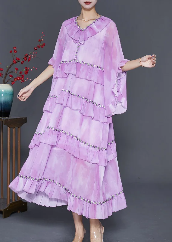 Elegant Light Purple Ruffled Tie Dye Chiffon Maxi Dresses Summer Stylish Button-Up Maxi Dress Elegant Light Purple Ruffled Tie Dye Chiffon Maxi Dresses Summer Stylish Button-Up Maxi Dress