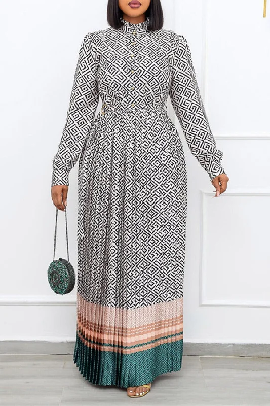 Geometric Print Color Block Retro Belted Pleated Maxi Dress Elegant Lace-Up Maxi Dress Geometric Print Color Block Retro Belted Pleated Maxi Dress Elegant Lace-Up Maxi Dress