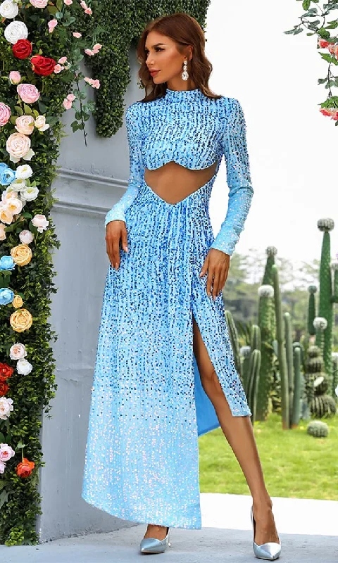 Going To The Ball Blue Sequin Long Sleeve Mock Neck Cut Out Waist High Low Asymmetric Maxi Dress Chic Button-Up Maxi Dress Going To The Ball Blue Sequin Long Sleeve Mock Neck Cut Out Waist High Low Asymmetric Maxi Dress Chic Button-Up Maxi Dress
