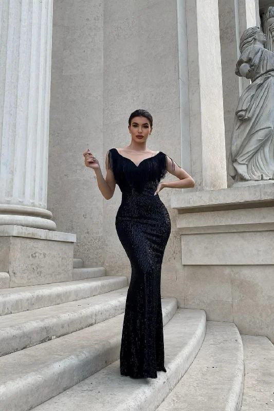 Kendal Black Luxe Vip Plunge Tassel Fringe Sequin Embellished Illusion Maxi Dress Trendy A-Line Maxi Dress Kendal Black Luxe Vip Plunge Tassel Fringe Sequin Embellished Illusion Maxi Dress Trendy A-Line Maxi Dress