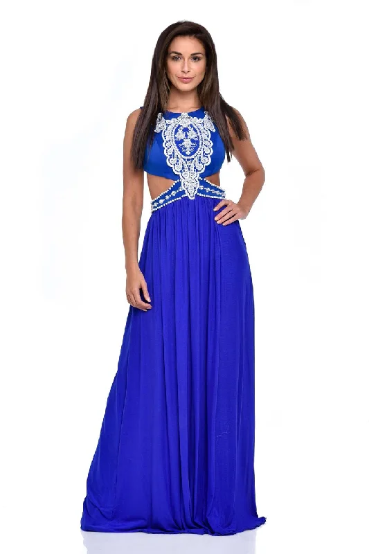 Laila Blue Cut-Out Waist Pearl Encrusted Grecian Goddess Maxi Dress Cozy Maxi Dress with Slit Laila Blue Cut-Out Waist Pearl Encrusted Grecian Goddess Maxi Dress Cozy Maxi Dress with Slit