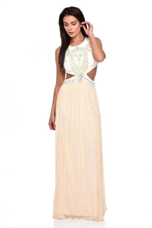 Laila Nude Cut-Out Waist Pearl Encrusted Grecian Goddess Maxi Dress Stylish Longline Maxi Dress Laila Nude Cut-Out Waist Pearl Encrusted Grecian Goddess Maxi Dress Stylish Longline Maxi Dress