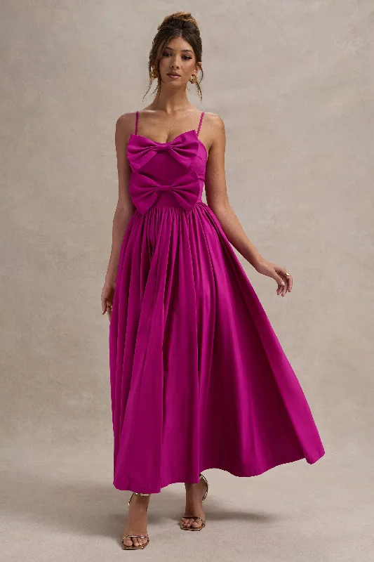 Loved Up | Fuschia Pink Strappy Pleated Maxi Dress With Bows Comfortable Long-Sleeve Maxi Dress Loved Up | Fuschia Pink Strappy Pleated Maxi Dress With Bows Comfortable Long-Sleeve Maxi Dress