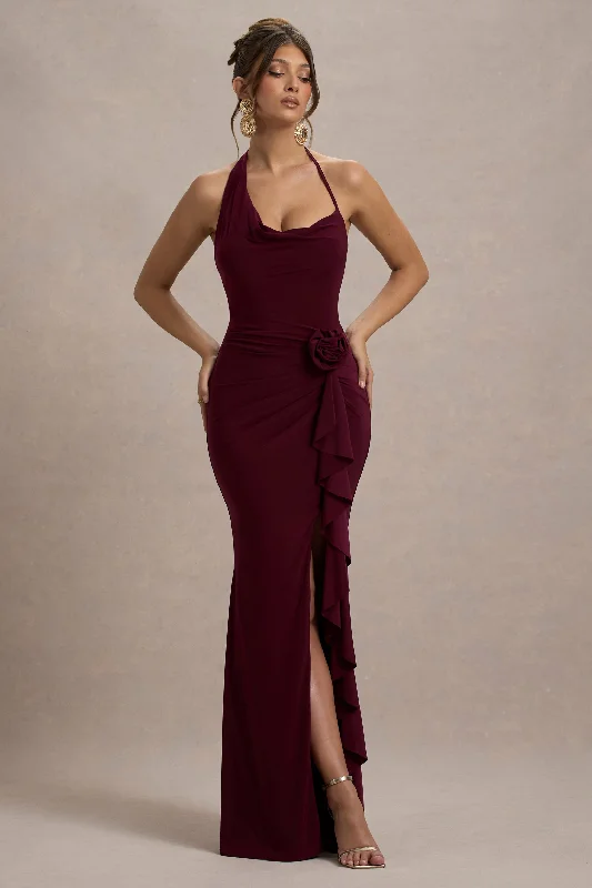 Lucena | Burgundy Cowl-Neck Wrap Maxi Dress With Floral Drape Comfortable Plunging Neckline Maxi Dress Lucena | Burgundy Cowl-Neck Wrap Maxi Dress With Floral Drape Comfortable Plunging Neckline Maxi Dress