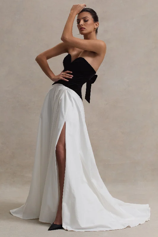 Lucienne | Black & Cream Sweetheart Corset Split Maxi Dress Comfortable Fitted Maxi Dress Lucienne | Black & Cream Sweetheart Corset Split Maxi Dress Comfortable Fitted Maxi Dress
