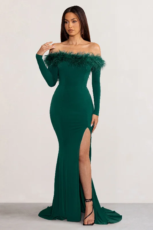 Lucilu | Bottle Green Feather Bardot Long Sleeve Maxi Dress with Side Split Comfortable Fit-and-Flare Maxi Dress Lucilu | Bottle Green Feather Bardot Long Sleeve Maxi Dress with Side Split Comfortable Fit-and-Flare Maxi Dress