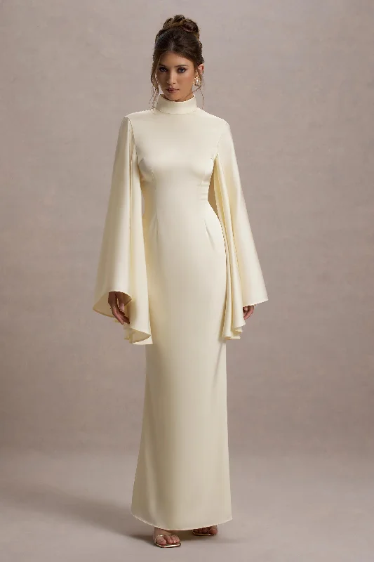 Maceline | Ecru Satin High-Neck Maxi Dress With Cape Sleeves Cozy Ribbed Maxi Dress
