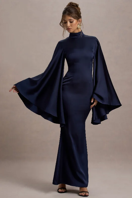Maceline | Navy Satin High-Neck Maxi Dress With Cape Sleeves Comfortable Fitted Maxi Dress Maceline | Navy Satin High-Neck Maxi Dress With Cape Sleeves Comfortable Fitted Maxi Dress