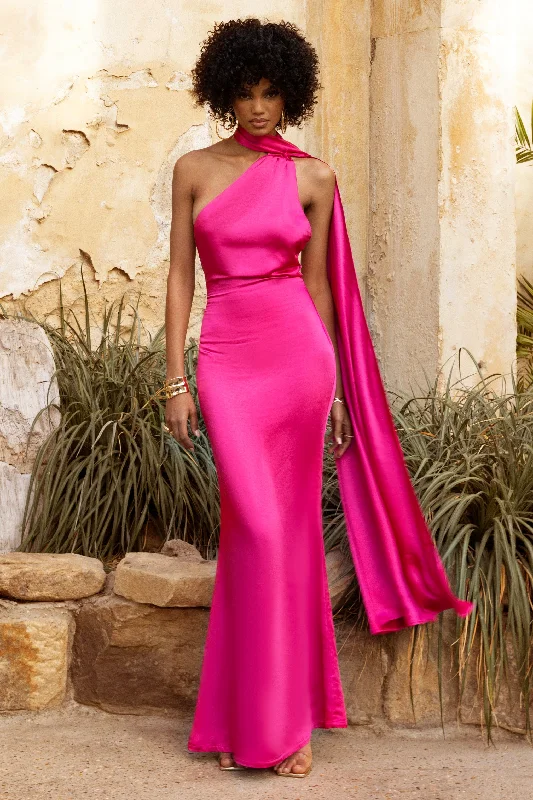 Mademoiselle | Hot Pink Asymmetric Scarf Neck Backless Maxi Dress Comfortable Pleated Maxi Dress Mademoiselle | Hot Pink Asymmetric Scarf Neck Backless Maxi Dress Comfortable Pleated Maxi Dress